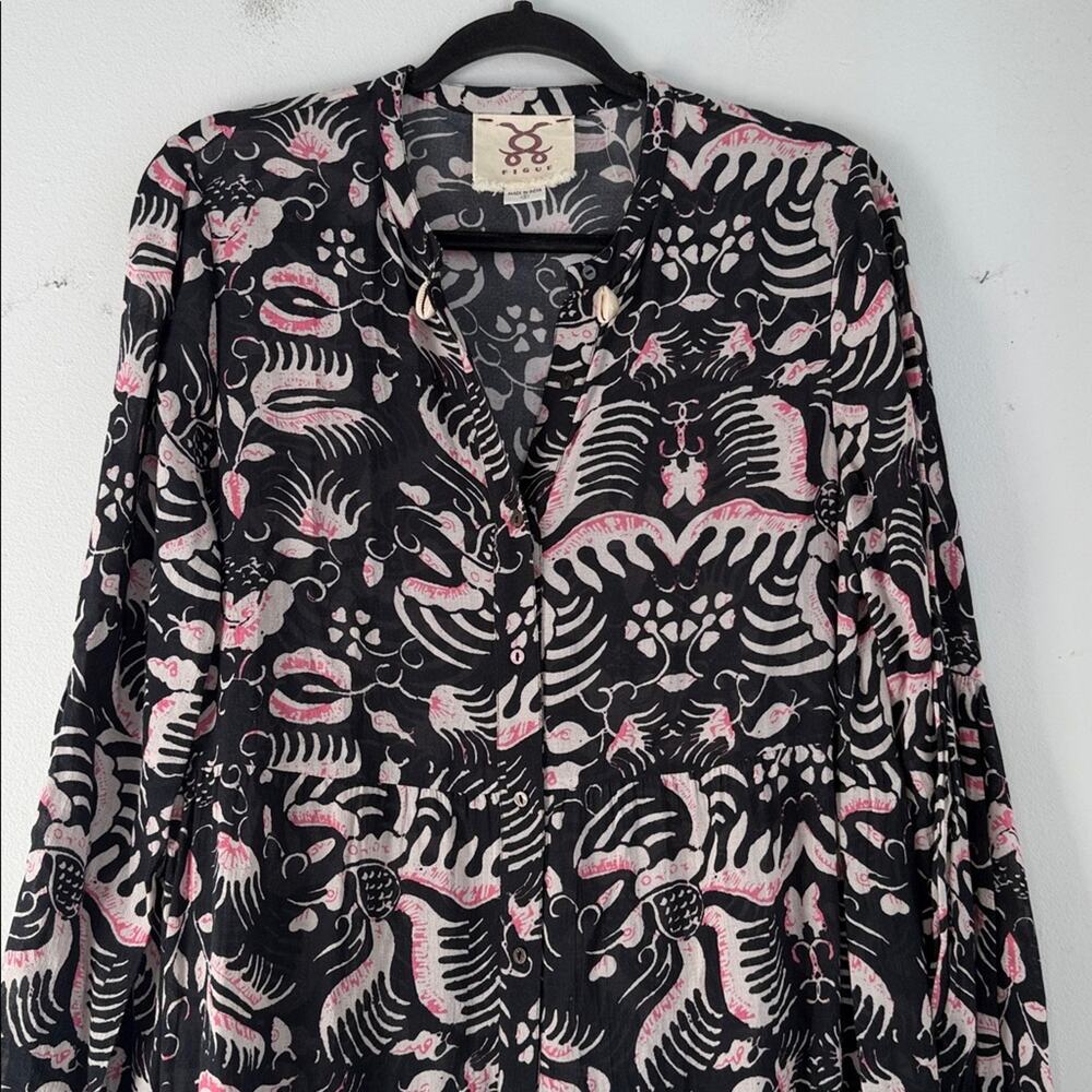 Figue tiered long sleeve button up midi dress sz S
